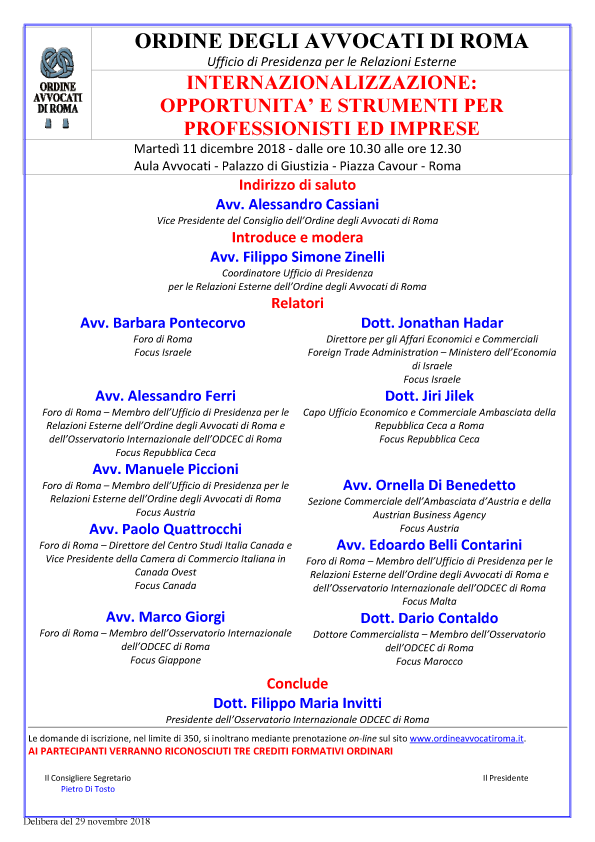 Locandina Internazionalizzazione Oridne Avvocati Roma